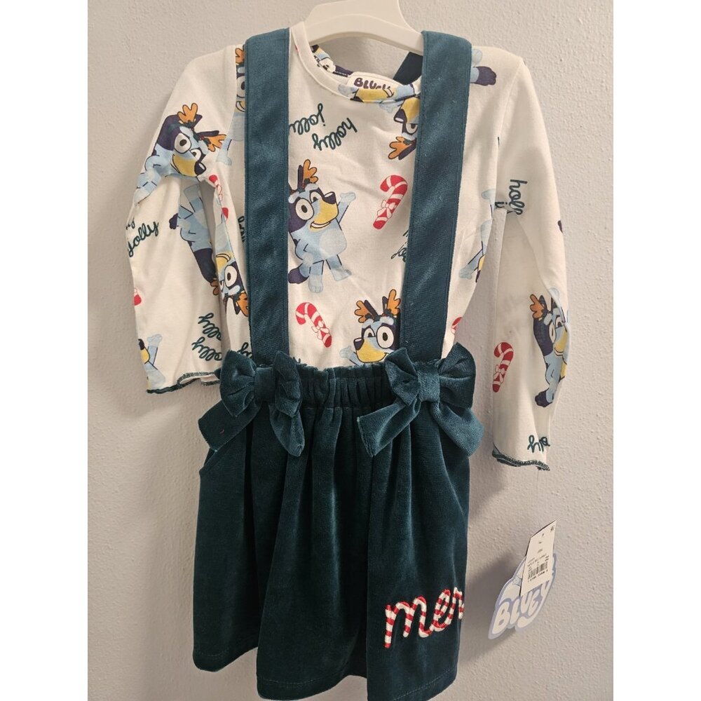 NWT  Girls Green Velvet Bluey CHRISTMAS Dress 2 Piece Jumper  Dress Size 2T